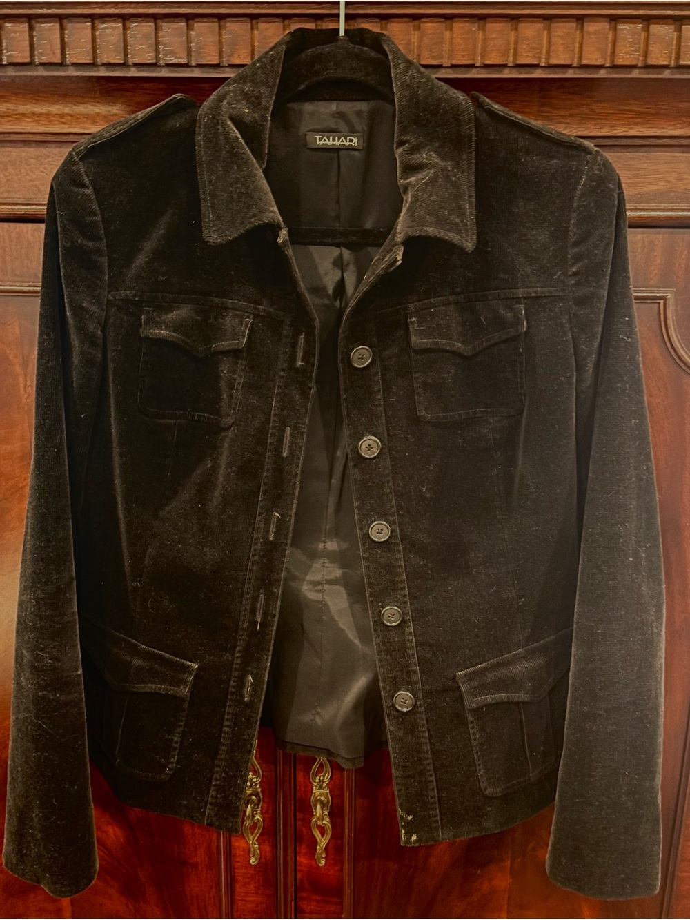 Tahari Womens Black Corduroy Button-Front Jacket